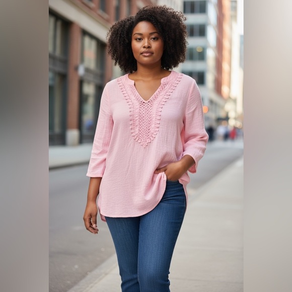 Appleseed's Tops - Appleseeds Pink Tunic w/Embroidered Lace Yoke Fabric Natural Wrinkle Size 2X